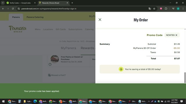 Panera Bread checkout page showing Panera Bread promo code box | Screenshot taken by SimplyCodes community member on Sep 2, 2025