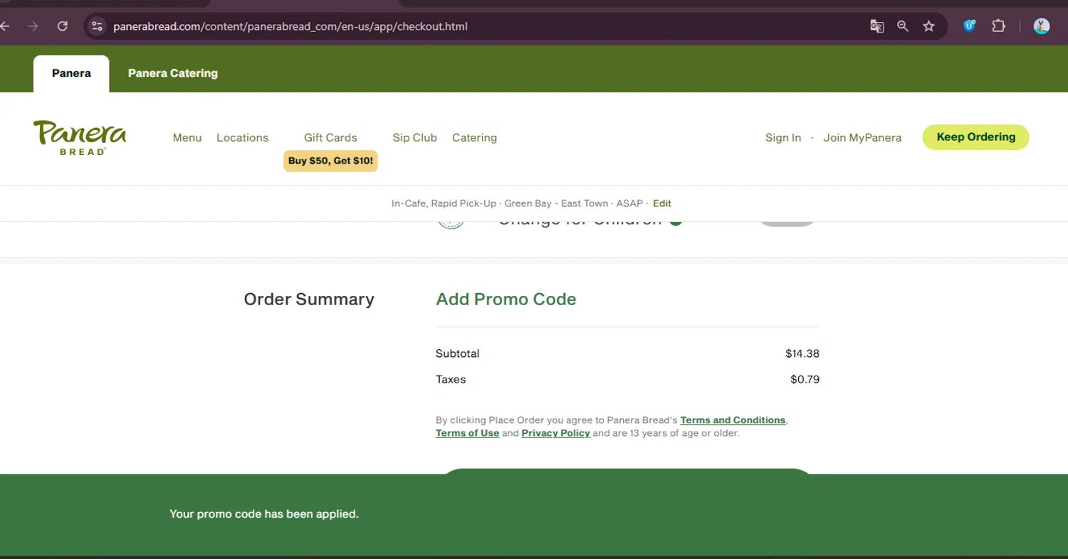 Panera Bread promo code screenshot showing code NEW789 applied at Panera Bread checkout page. Uploaded by SimplyCodes community member elgatobravo on Dec 27, 2025