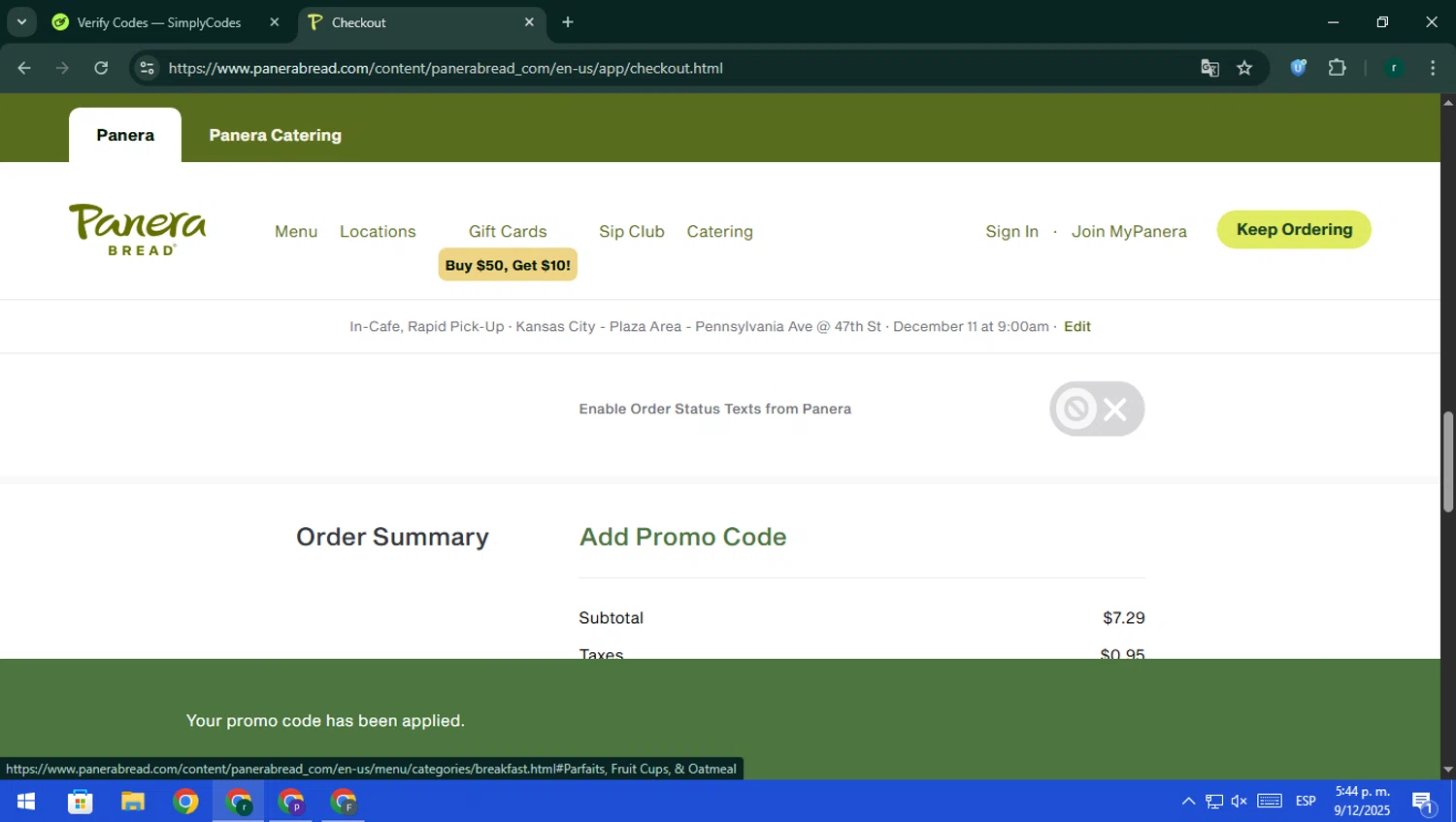 Panera Bread checkout page showing Panera Bread promo code box | Screenshot taken by SimplyCodes community member on Dec 9, 2025