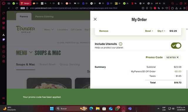 Panera Bread checkout page showing Panera Bread promo code box | Screenshot taken by SimplyCodes community member on Sep 23, 2025
