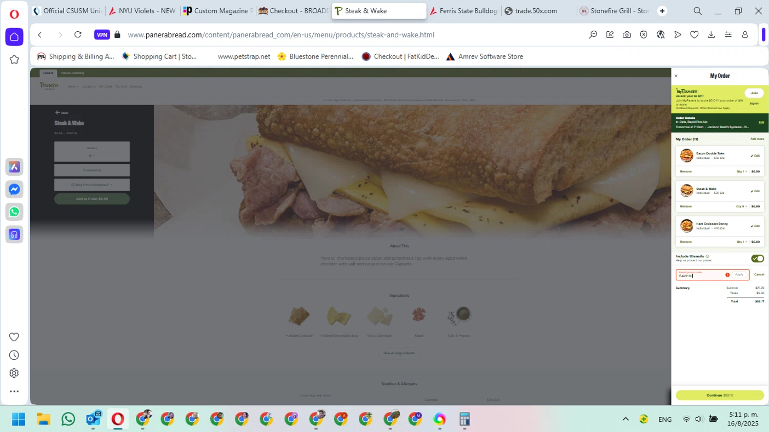 Panera Bread promo code screenshot showing code SAVE30 applied at Panera Bread checkout page. Uploaded by SimplyCodes community member FundoEsperanza on Aug 16, 2025