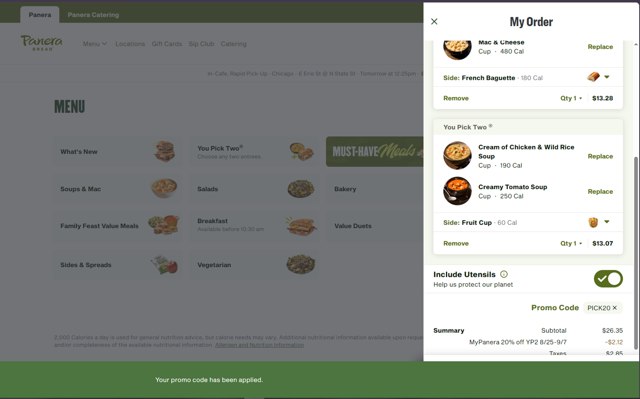 Panera Bread checkout page showing Panera Bread promo code box | Screenshot taken by SimplyCodes community member on Aug 27, 2025