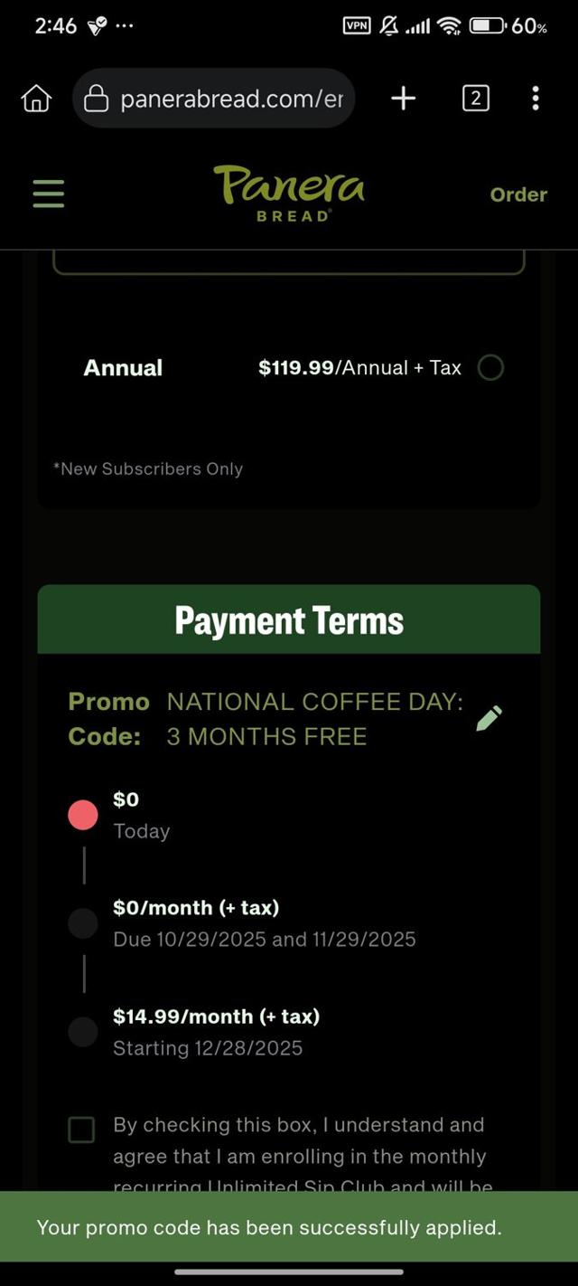 Panera Bread checkout page showing Panera Bread promo code box | Screenshot taken by SimplyCodes community member on Sep 30, 2025