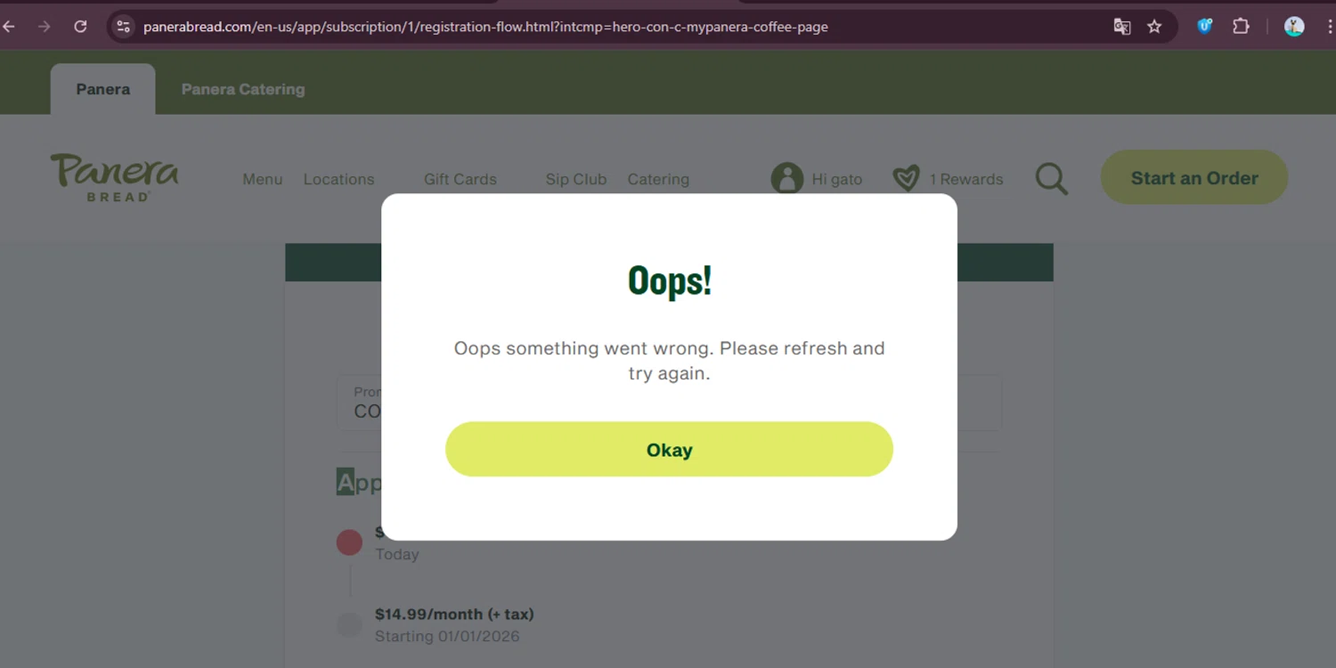 Panera Bread promo code screenshot showing code COFFEEDAY applied at Panera Bread checkout page. Uploaded by SimplyCodes community member MoneySage8222 on Dec 2, 2025