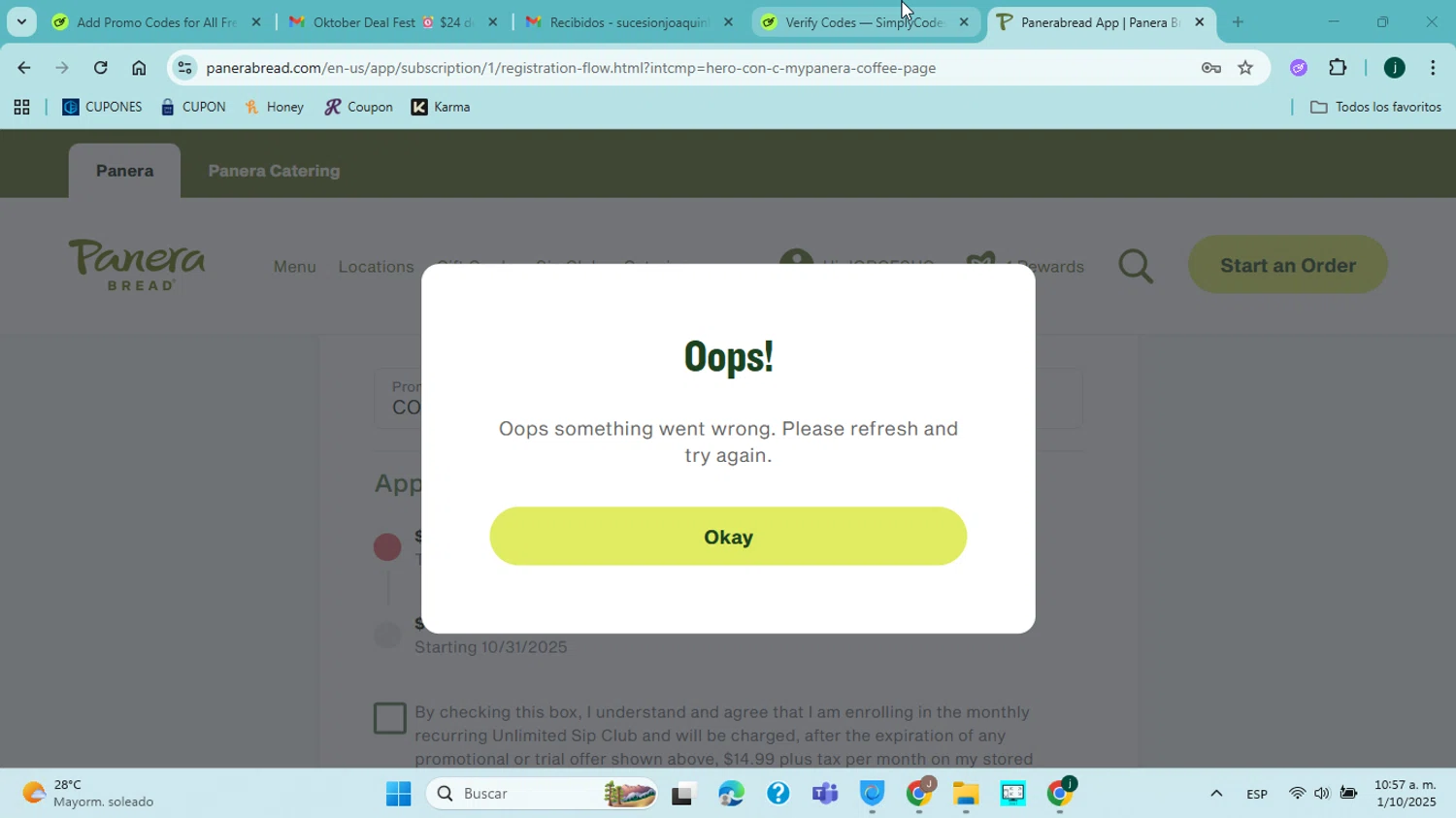 Panera Bread promo code screenshot showing code COFFEEDAY applied at Panera Bread checkout page. Uploaded by SimplyCodes community member jorgejavierherrera on Oct 1, 2025