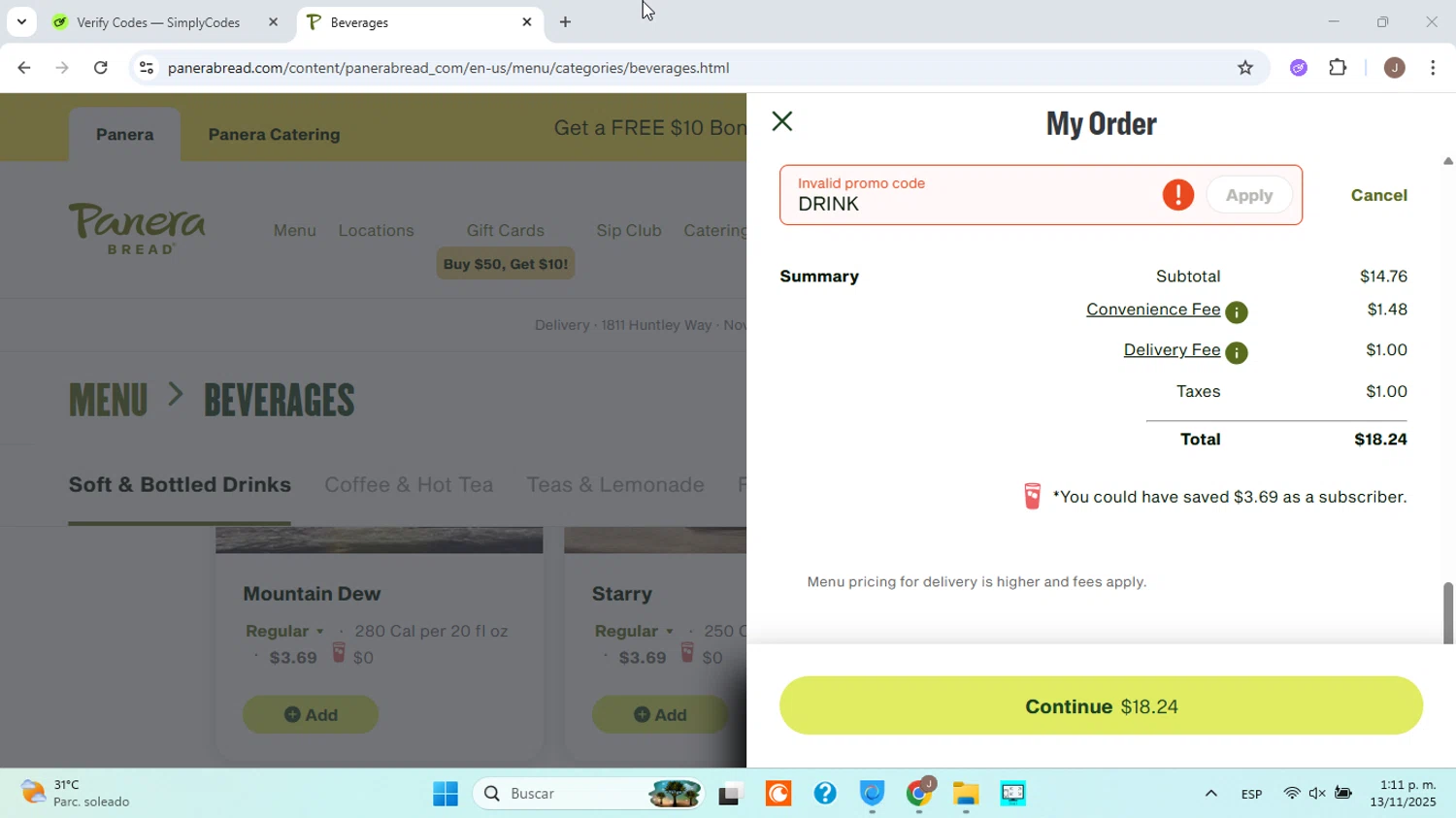 Panera Bread promo code screenshot showing code DRINK applied at Panera Bread checkout page. Uploaded by SimplyCodes community member ABHF23 on Nov 13, 2025
