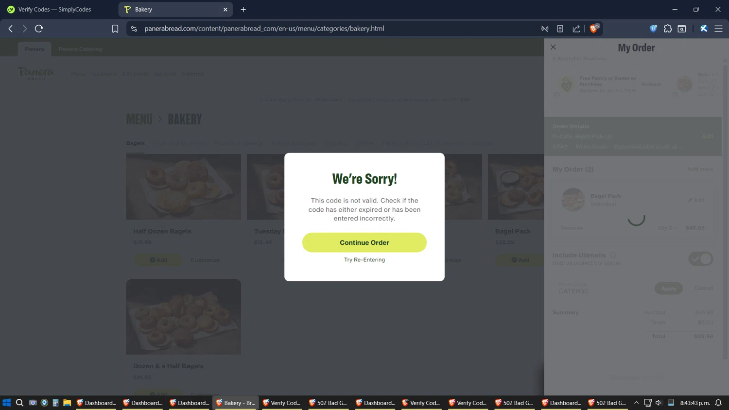 Panera Bread promo code screenshot showing code CATER30 applied at Panera Bread checkout page. Uploaded by SimplyCodes community member ZoilaPerrita on Nov 25, 2025