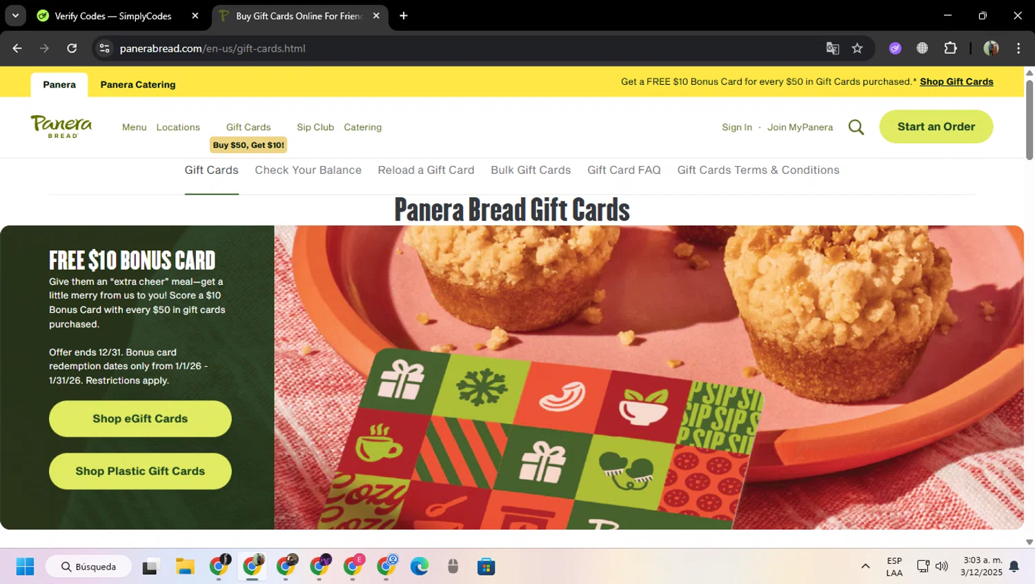 Panera Bread promo code screenshot showing code SAVE34U applied at Panera Bread checkout page. Uploaded by SimplyCodes community member MoneySentinel7597 on Dec 3, 2025