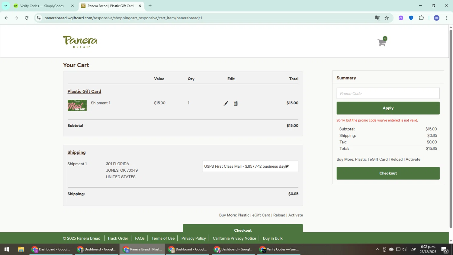Panera Bread promo code screenshot showing code SAVE34U applied at Panera Bread checkout page. Uploaded by SimplyCodes community member QuestDefender2661 on Dec 23, 2025