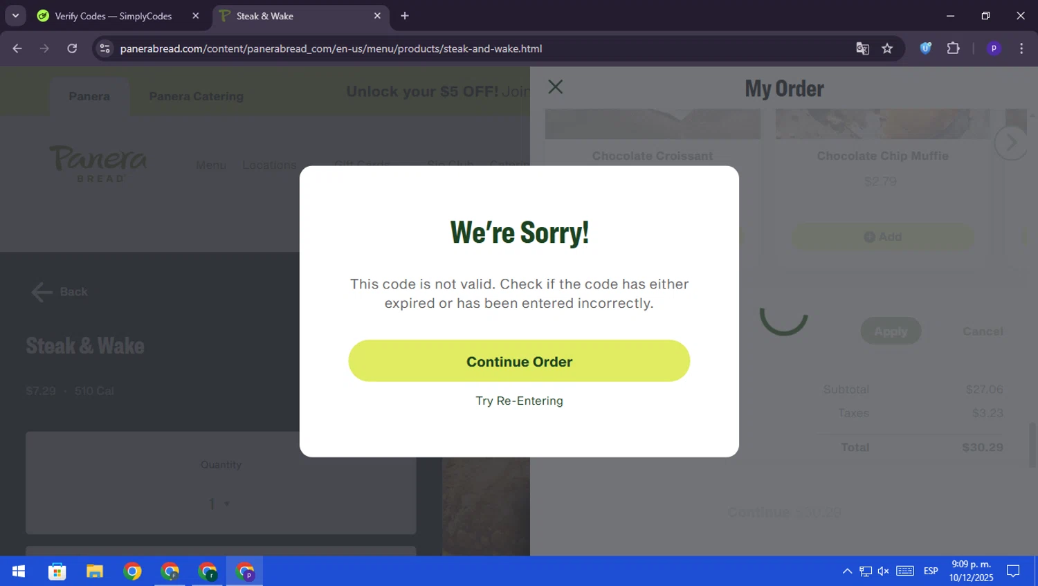 Panera Bread promo code screenshot showing code USC99YEAR applied at Panera Bread checkout page. Uploaded by SimplyCodes community member RebateScout6612 on Dec 11, 2025