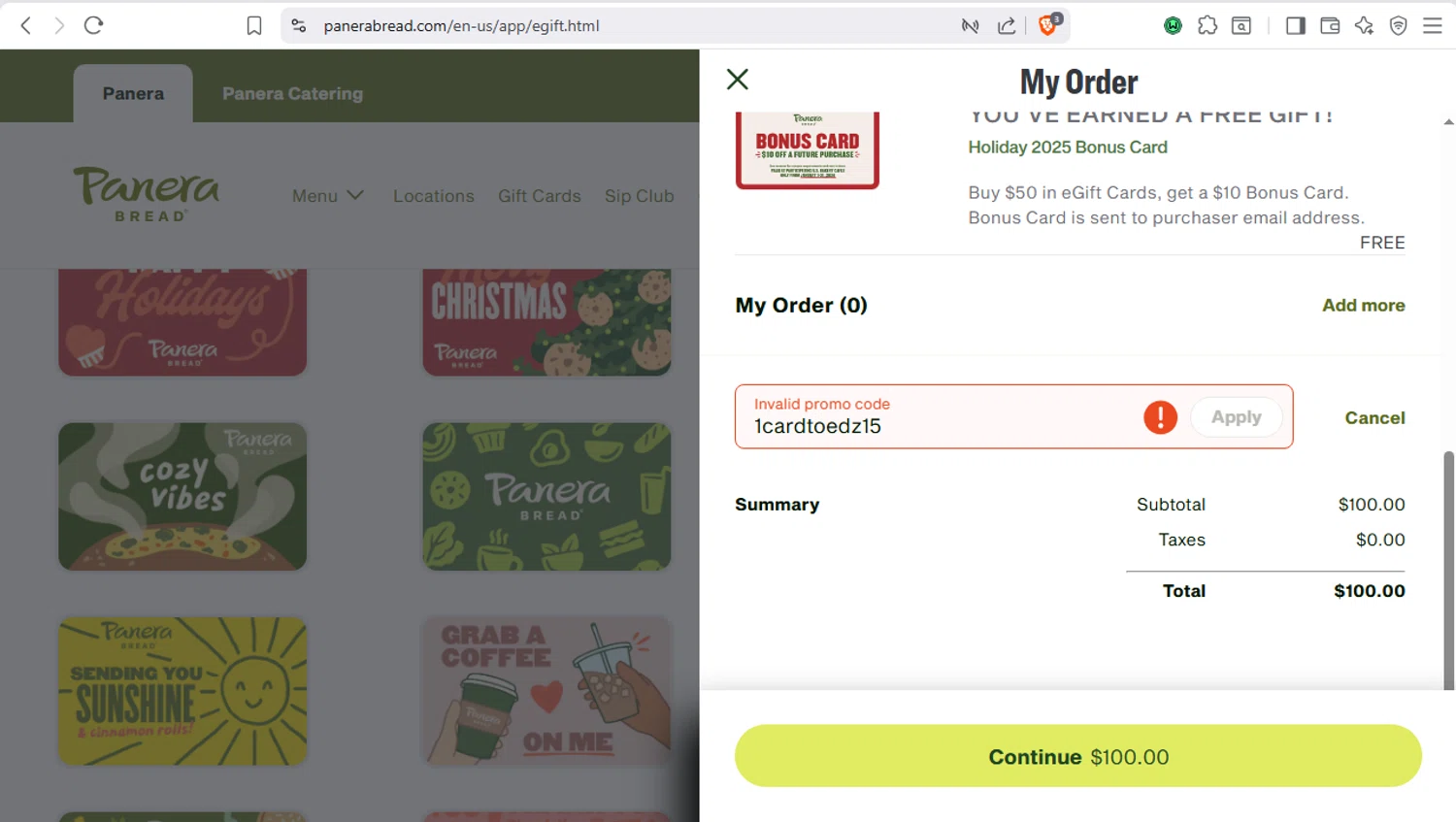 Panera Bread promo code screenshot showing code 1cardtoedz15 applied at Panera Bread checkout page. Uploaded by SimplyCodes community member dayselis15 on Dec 12, 2025