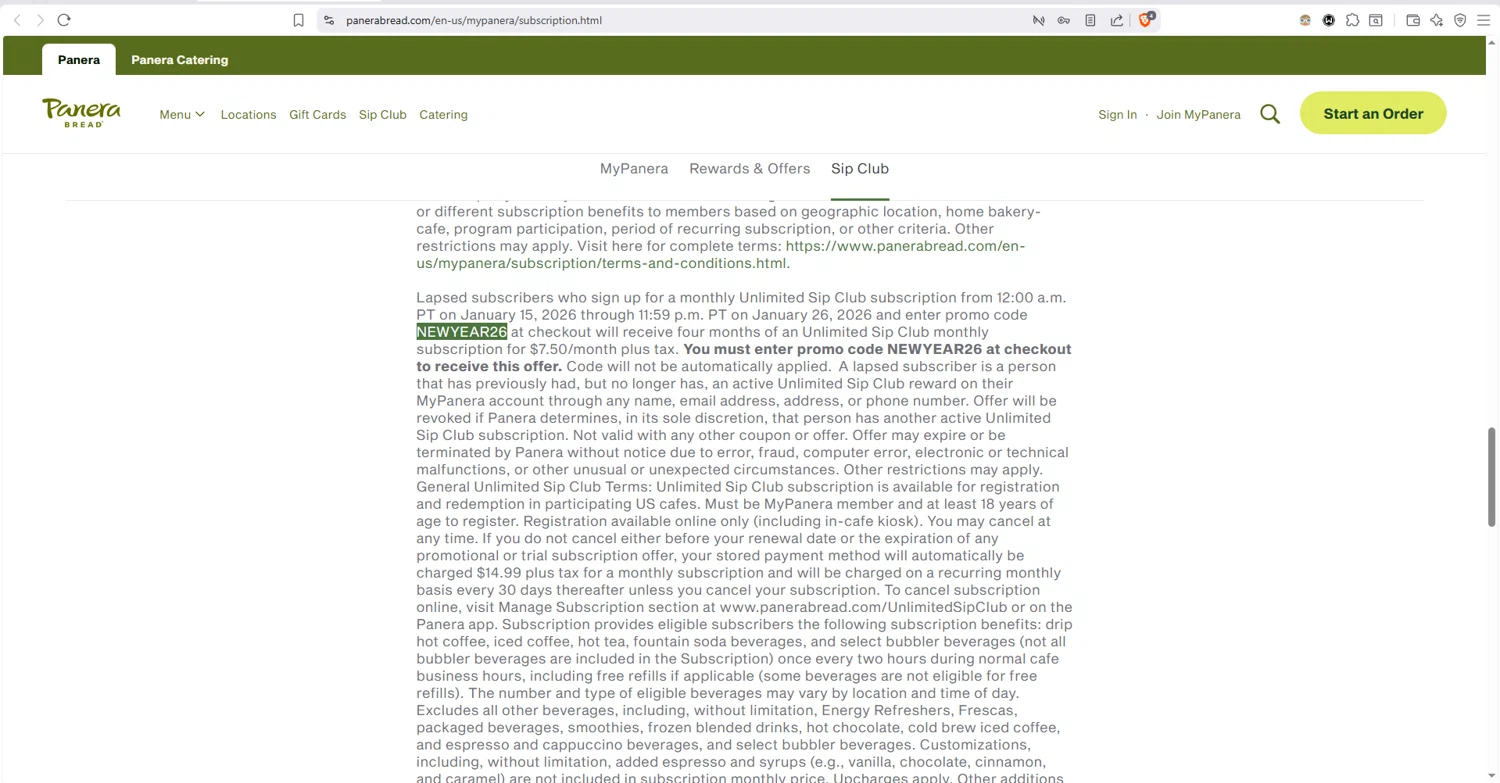 Panera Bread checkout page showing Panera Bread promo code box | Screenshot taken by SimplyCodes community member on Jan 20, 2026