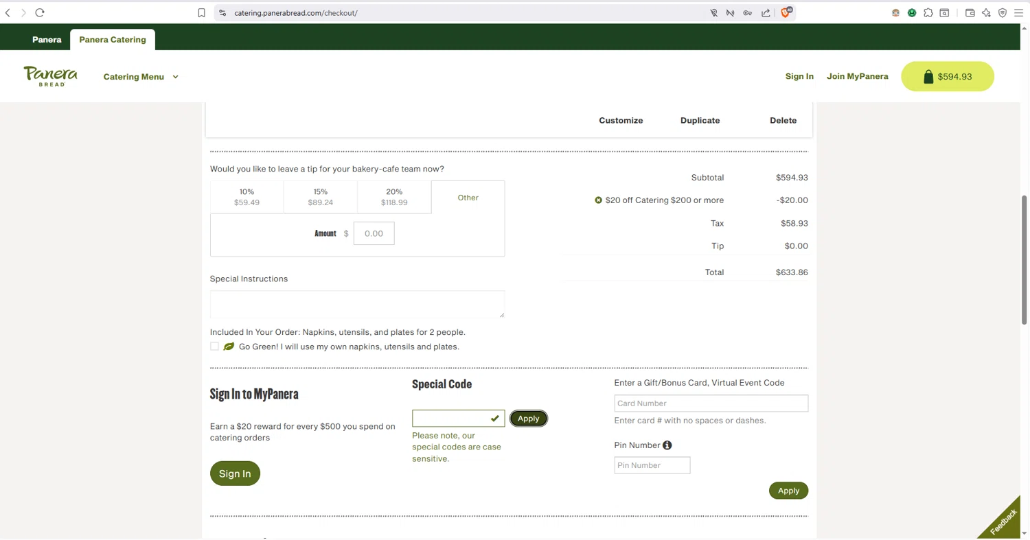 Panera Bread checkout page showing Panera Bread promo code box | Screenshot taken by SimplyCodes community member on Feb 10, 2026