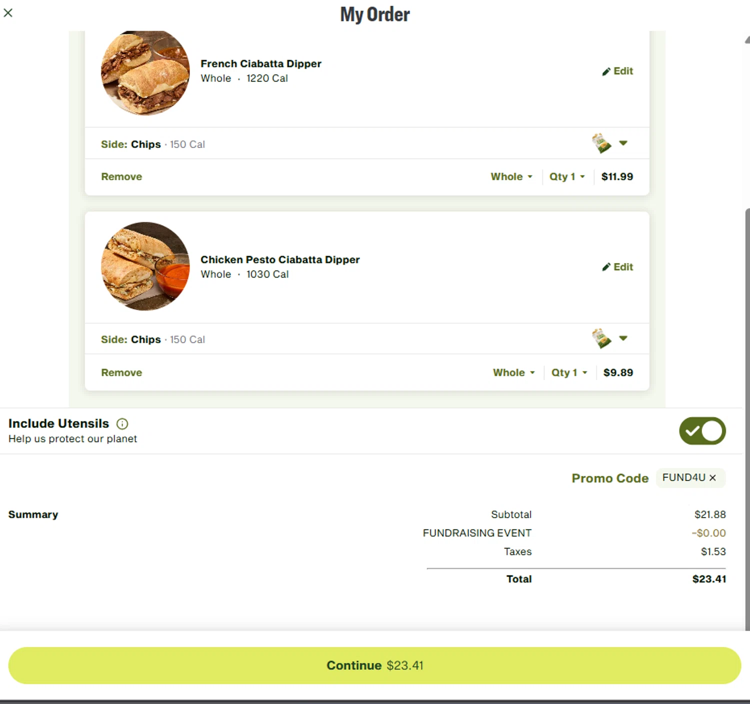 Panera Bread promo code screenshot showing code FUND4U applied at Panera Bread checkout page. Uploaded by SimplyCodes community member DORIANGEL on Dec 15, 2025