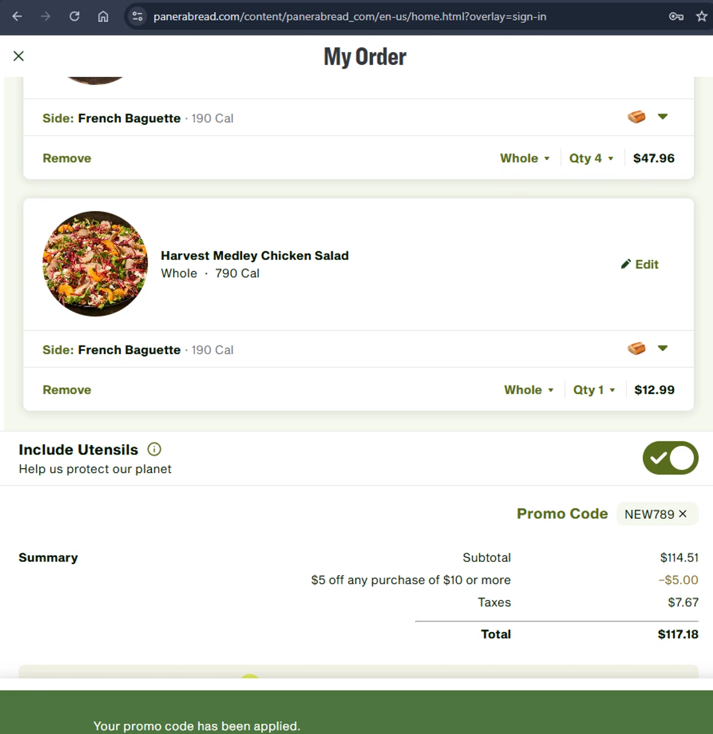 Panera Bread promo code screenshot showing code NEW789 applied at Panera Bread checkout page. Uploaded by SimplyCodes community member Jmhernand1 on Dec 25, 2025
