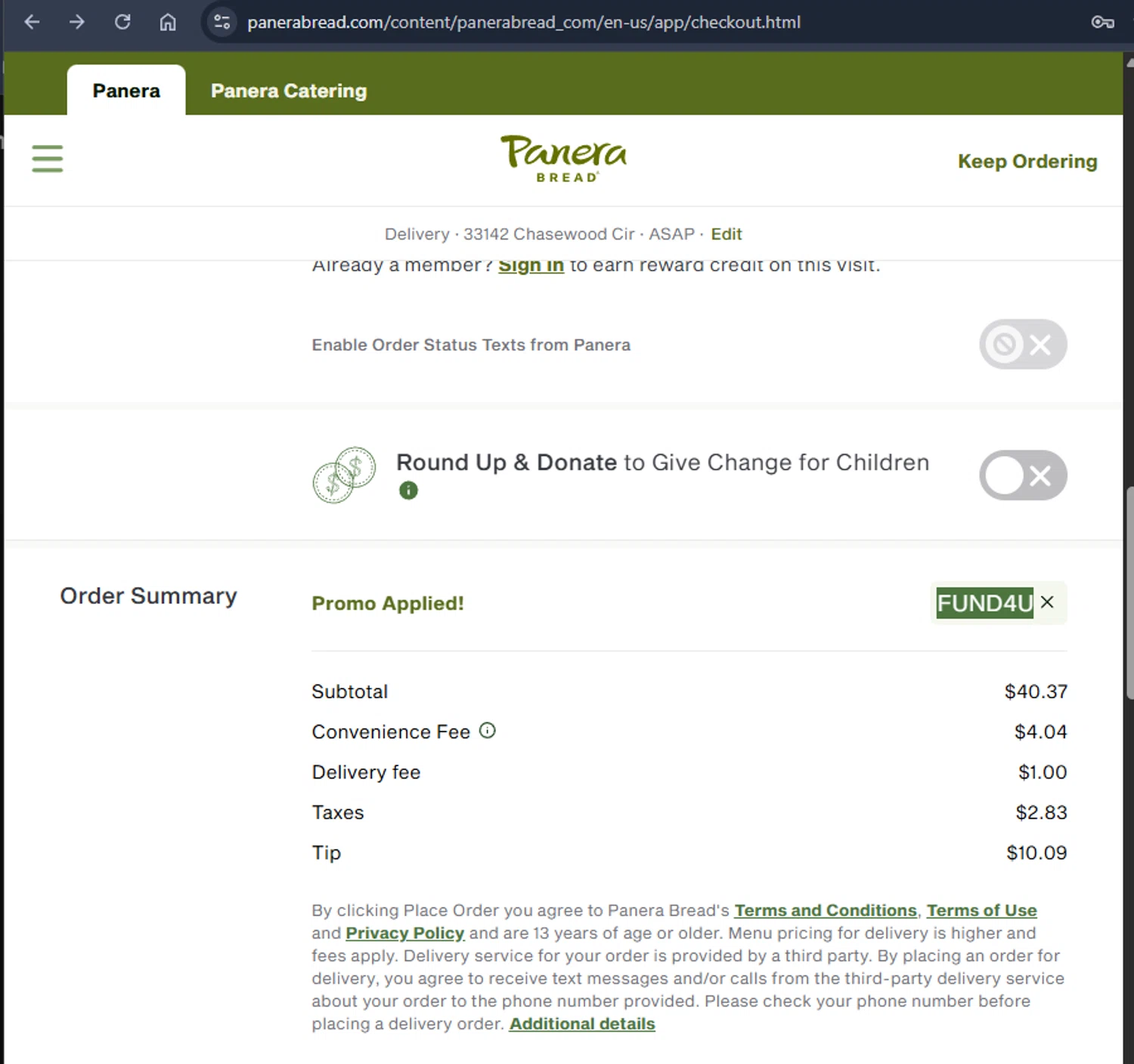 Panera Bread promo code screenshot showing code FUND4U applied at Panera Bread checkout page. Uploaded by SimplyCodes community member Jmhernand1 on Feb 12, 2026