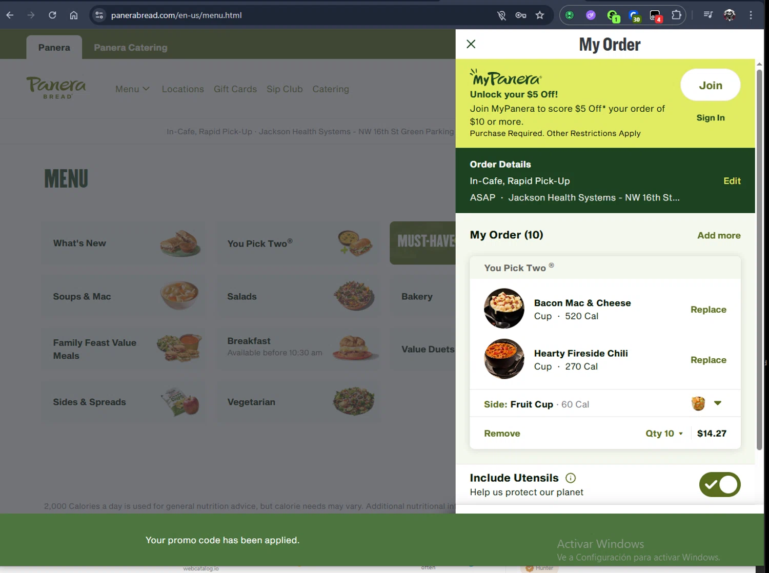 Panera Bread promo code screenshot showing code SAVE30 applied at Panera Bread checkout page. Uploaded by SimplyCodes community member Jmhernand1 on Jan 6, 2026