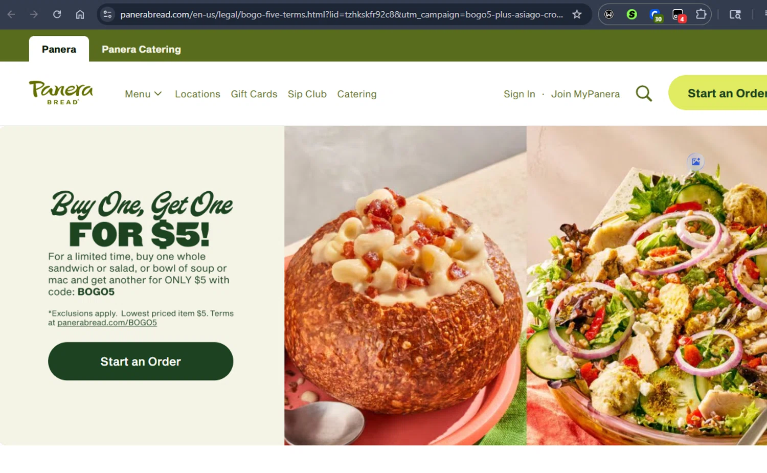 Panera Bread promo code screenshot showing code BOGO5 applied at Panera Bread checkout page. Uploaded by SimplyCodes community member Jmhernand1 on Feb 3, 2026