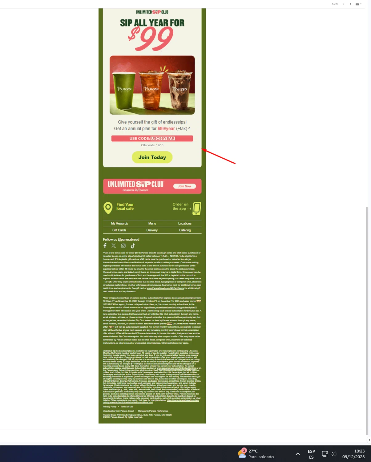Panera Bread promo code screenshot showing code USC99YEAR applied at Panera Bread checkout page. Uploaded by SimplyCodes community member UnkNownVnzla on Dec 9, 2025