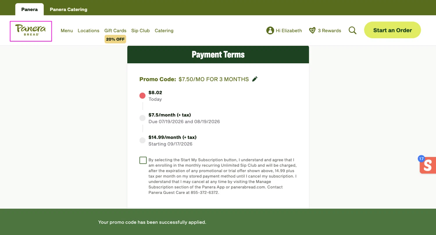 Panera Bread promo code screenshot showing code SUNNYSIPS applied at Panera Bread checkout page. Uploaded by SimplyCodes community member chandlerbing on Jun 19, 2026