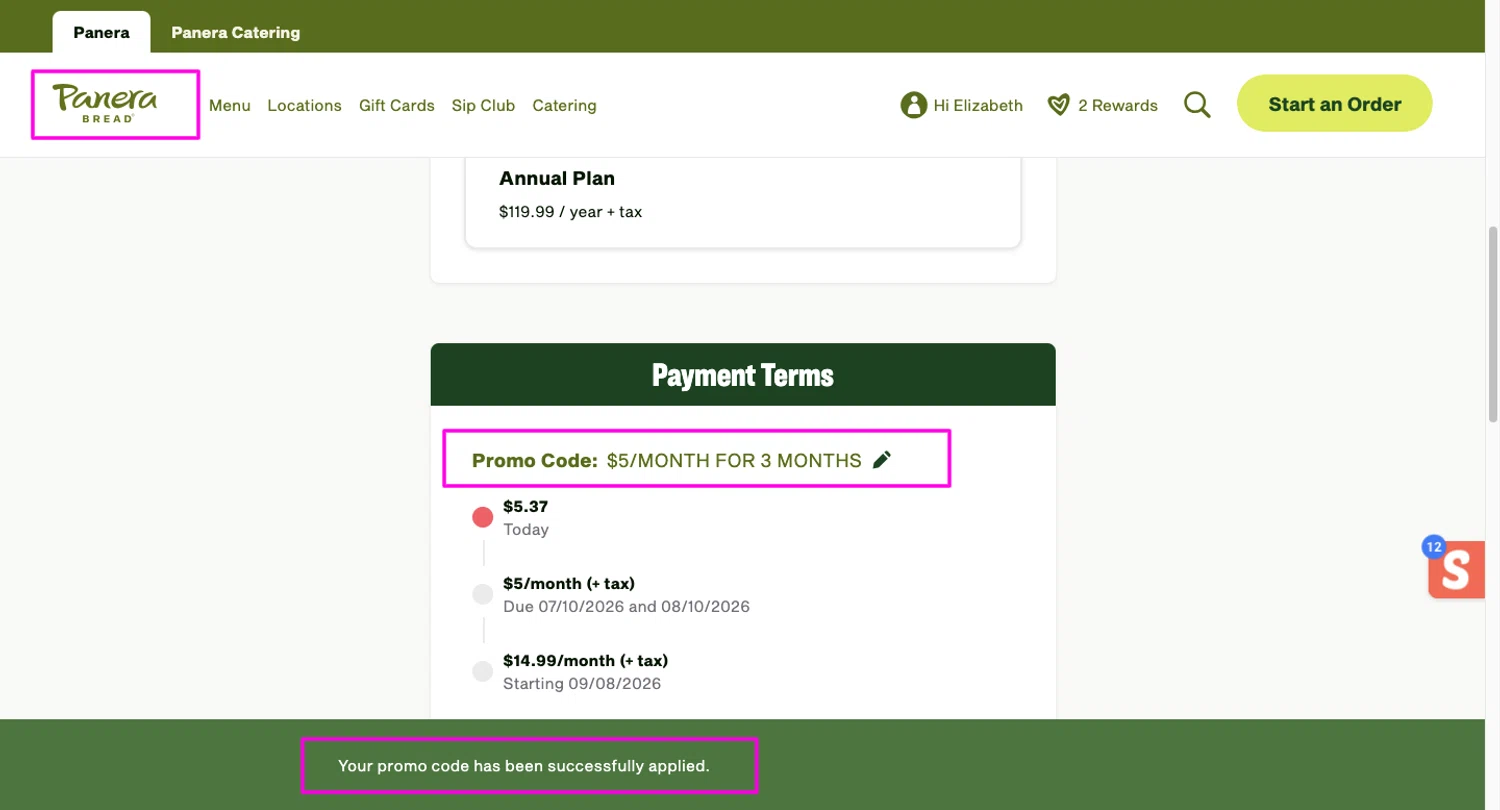 Panera Bread promo code screenshot showing code USCNEW3MO applied at Panera Bread checkout page. Uploaded by SimplyCodes community member chandlerbing on Jun 11, 2026