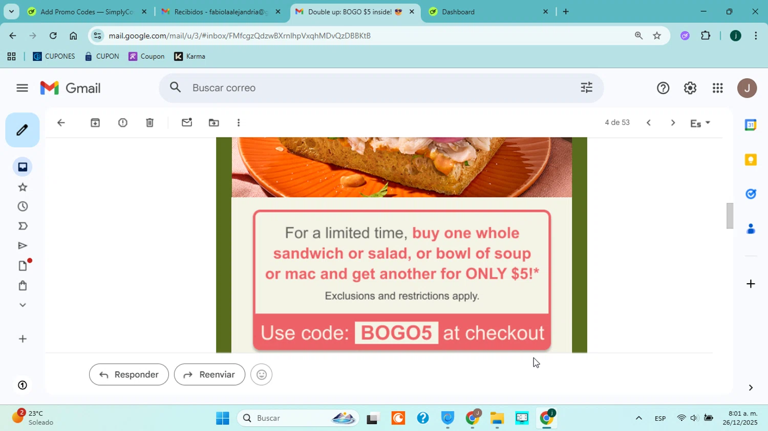 Panera Bread promo code screenshot showing code BOGO5 applied at Panera Bread checkout page. Uploaded by SimplyCodes community member jorgejavierherrera on Dec 26, 2025