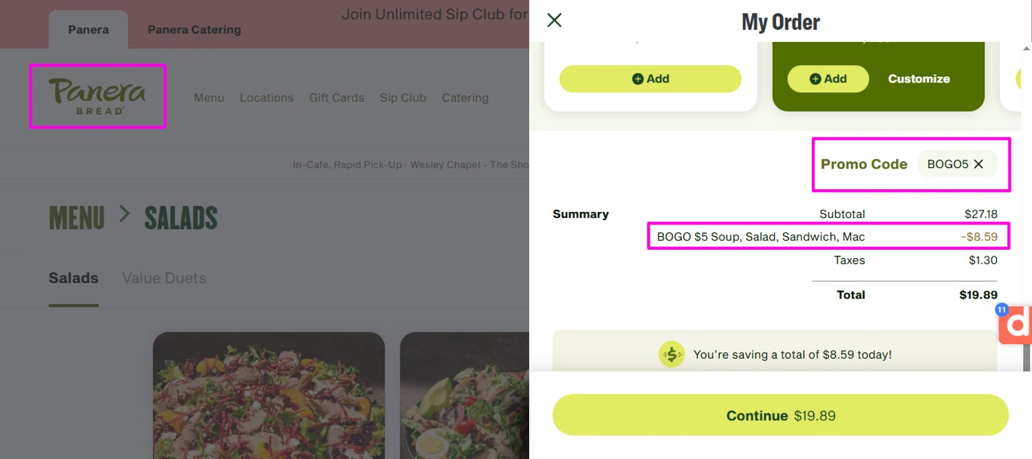 Panera Bread promo code screenshot showing code BOGO5 applied at Panera Bread checkout page. Uploaded by SimplyCodes community member mrdarcy on Feb 1, 2026