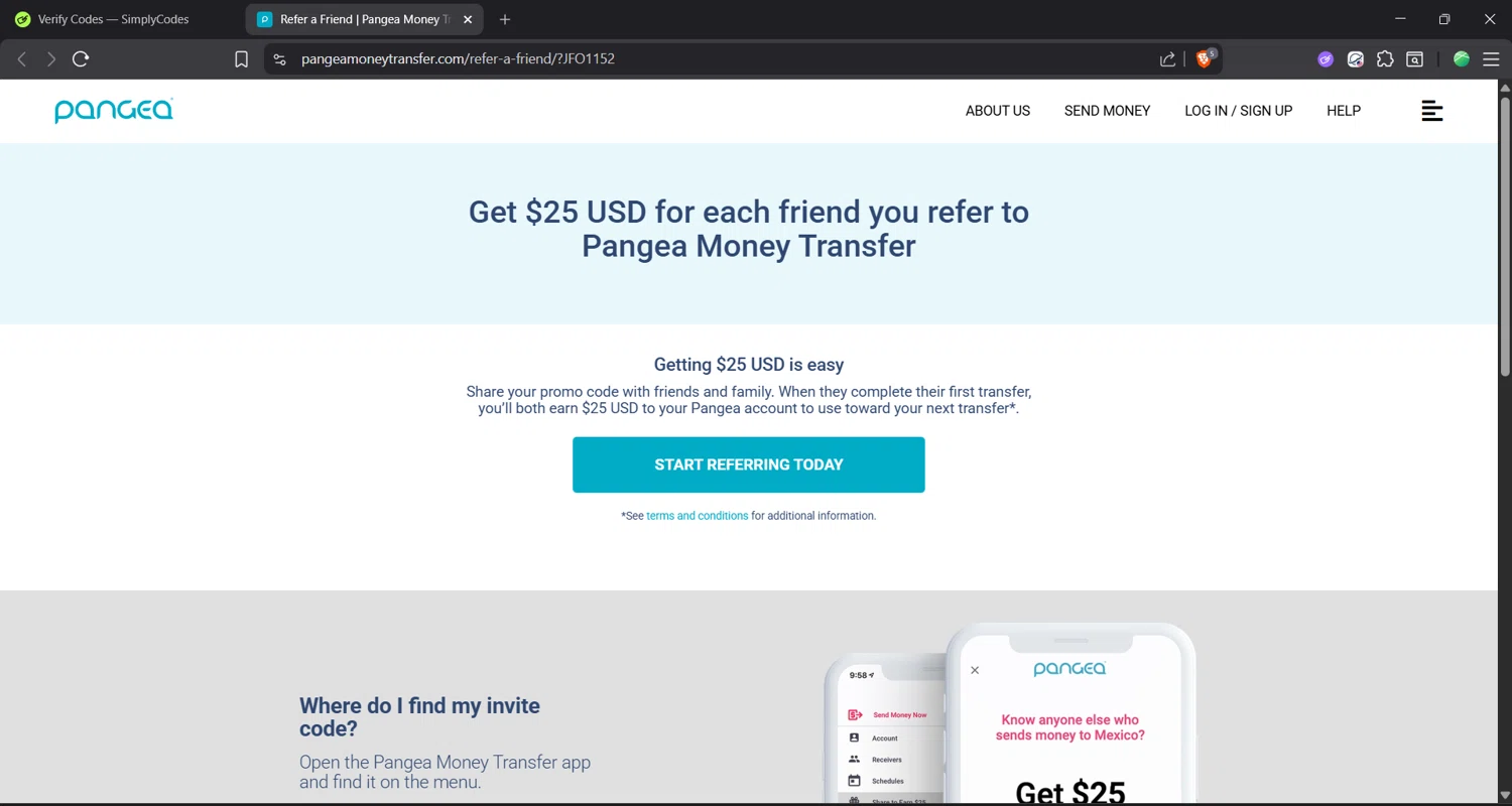 Pangea Money Transfer promo code screenshot showing code JFO1152 applied at Pangea Money Transfer checkout page. Uploaded by SimplyCodes community member Focus_123 on Dec 10, 2025