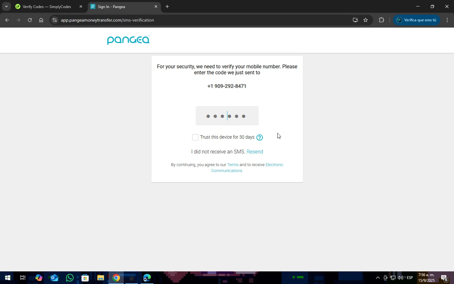 Pangea Money Transfer promo code screenshot showing code JFO1152 applied at Pangea Money Transfer checkout page. Uploaded by SimplyCodes community member SOPACONPAN on Sep 15, 2025