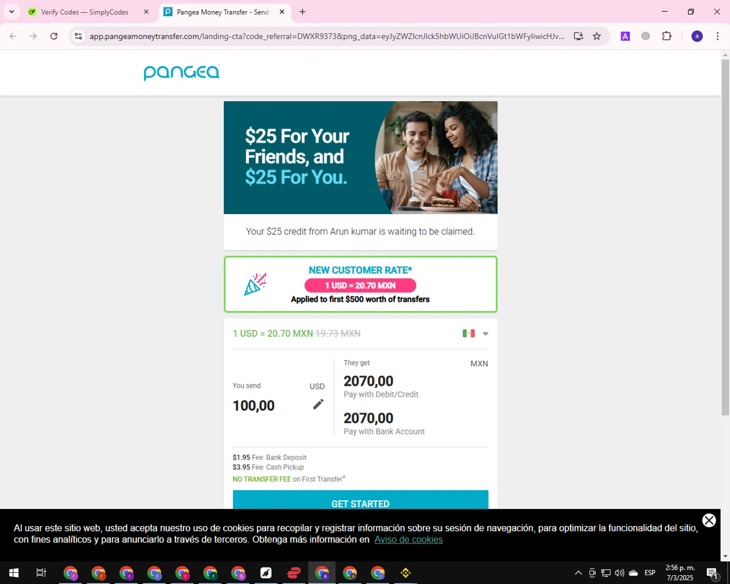 Pangea Money Transfer promo code screenshot showing code DWXR9373 applied at Pangea Money Transfer checkout page. Uploaded by SimplyCodes community member CleverShopper625 on Mar 7, 2025