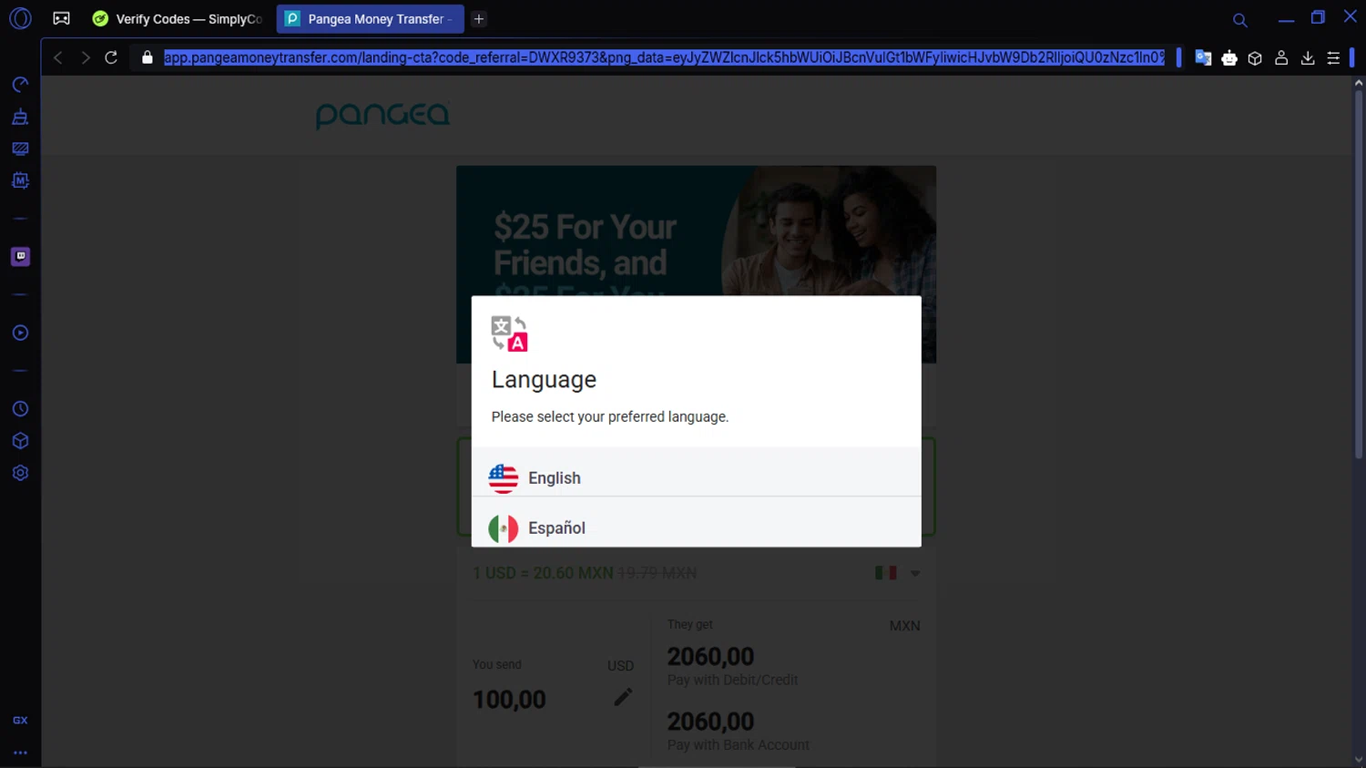 Pangea Money Transfer promo code screenshot showing code DWXR9373 applied at Pangea Money Transfer checkout page. Uploaded by SimplyCodes community member ACIDOSULFURICO on Apr 5, 2025