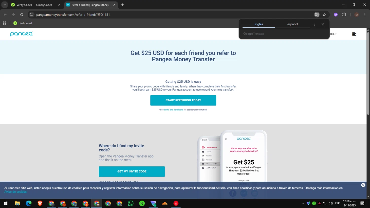 Pangea Money Transfer promo code screenshot showing code JFO1151 applied at Pangea Money Transfer checkout page. Uploaded by SimplyCodes community member CouponWizard2714 on Nov 2, 2025