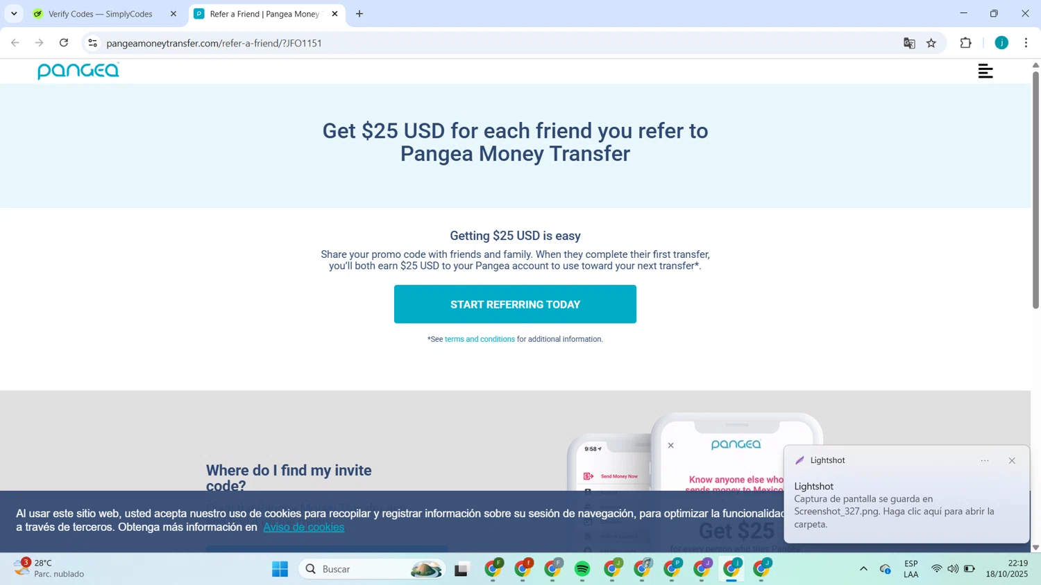 Pangea Money Transfer promo code screenshot showing code JFO1151 applied at Pangea Money Transfer checkout page. Uploaded by SimplyCodes community member Juan_collug on Oct 19, 2025