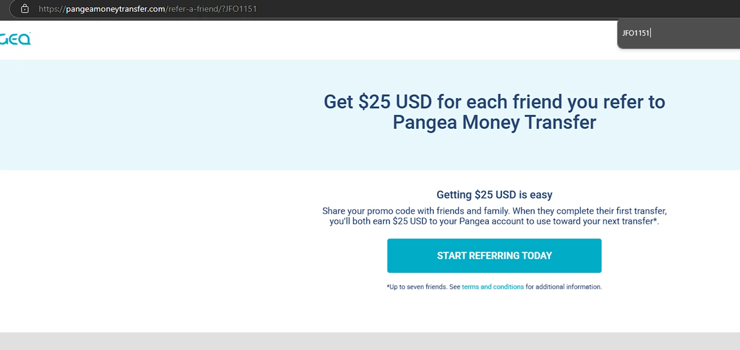 Pangea Money Transfer checkout page showing Pangea Money Transfer promo code box | Screenshot taken by SimplyCodes community member on Oct 1, 2025