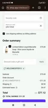 WELCOMEOFFER15 coupon verification screenshot