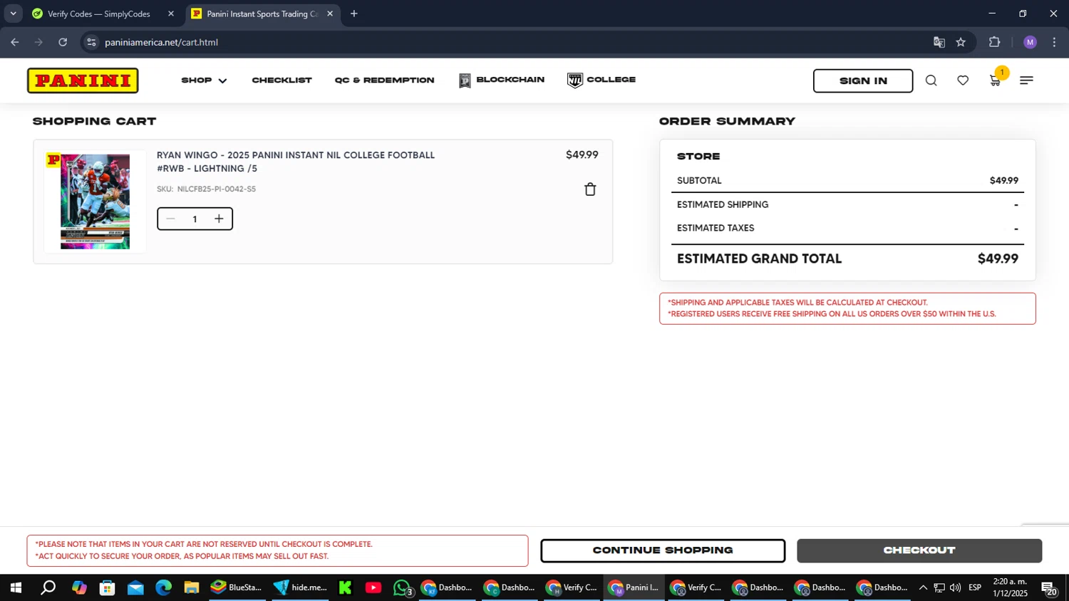 Panini America promo code screenshot showing code INSTANT25 applied at Panini America checkout page. Uploaded by SimplyCodes community member CouponGuardian8137 on Dec 1, 2025