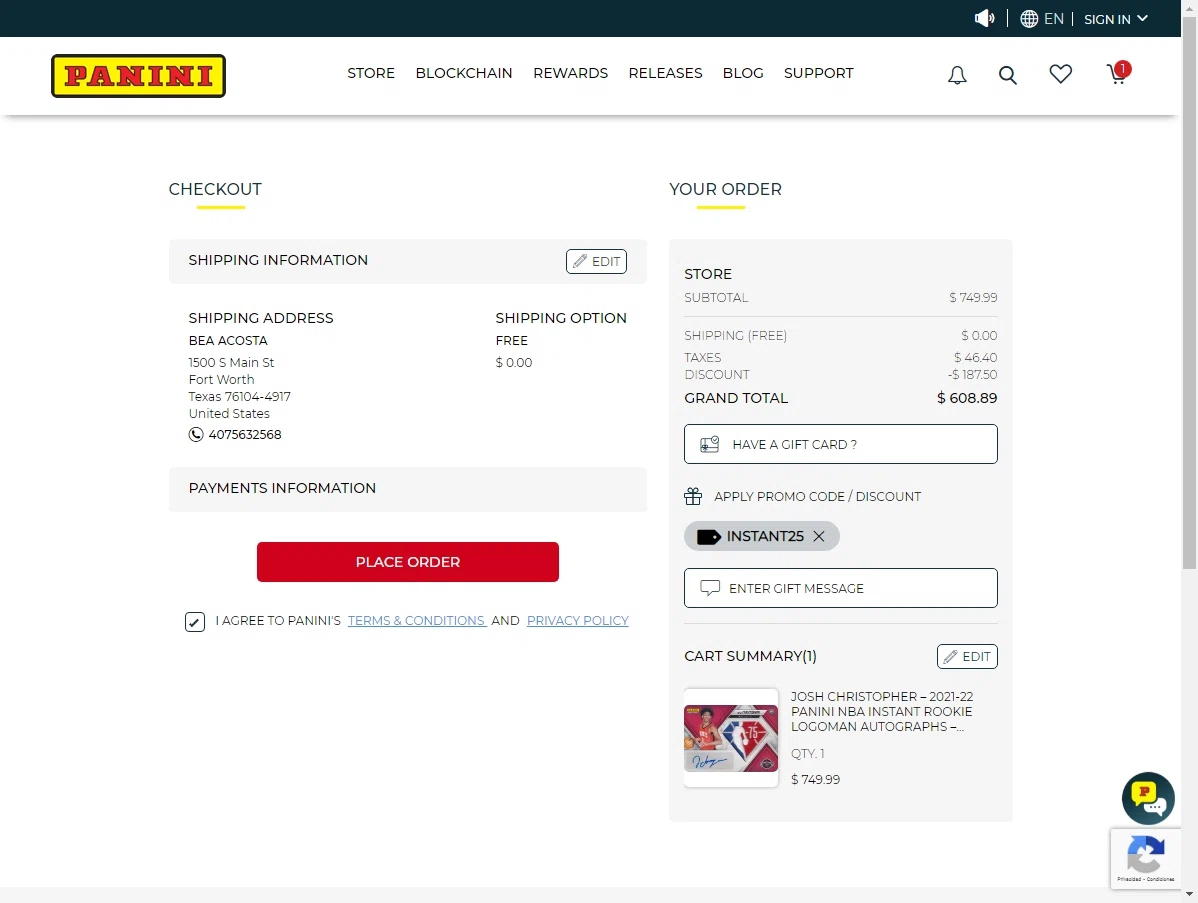 Panini America checkout page showing Panini America promo code box | Screenshot taken by SimplyCodes community member on Aug 18, 2022