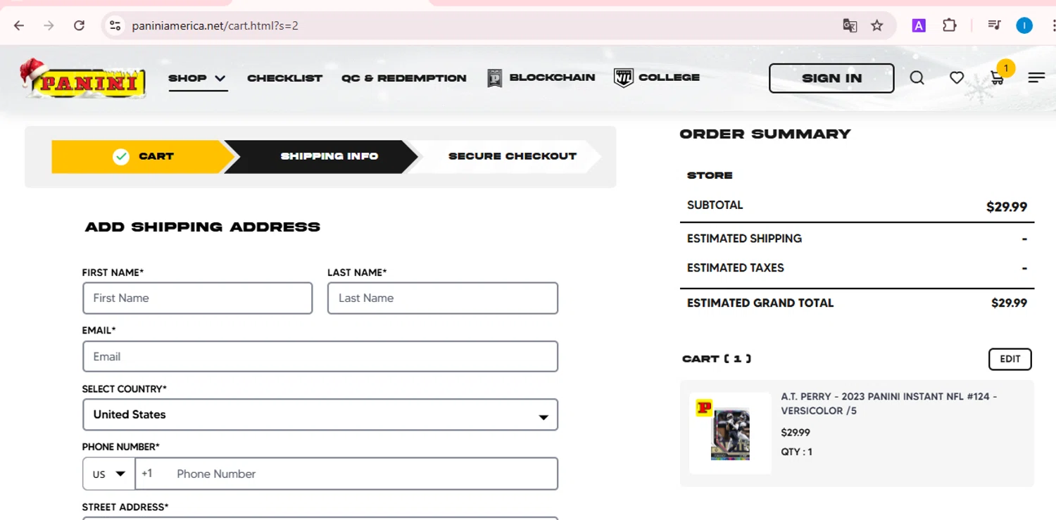 Panini America checkout page showing Panini America promo code box | Screenshot taken by SimplyCodes community member on Dec 20, 2024
