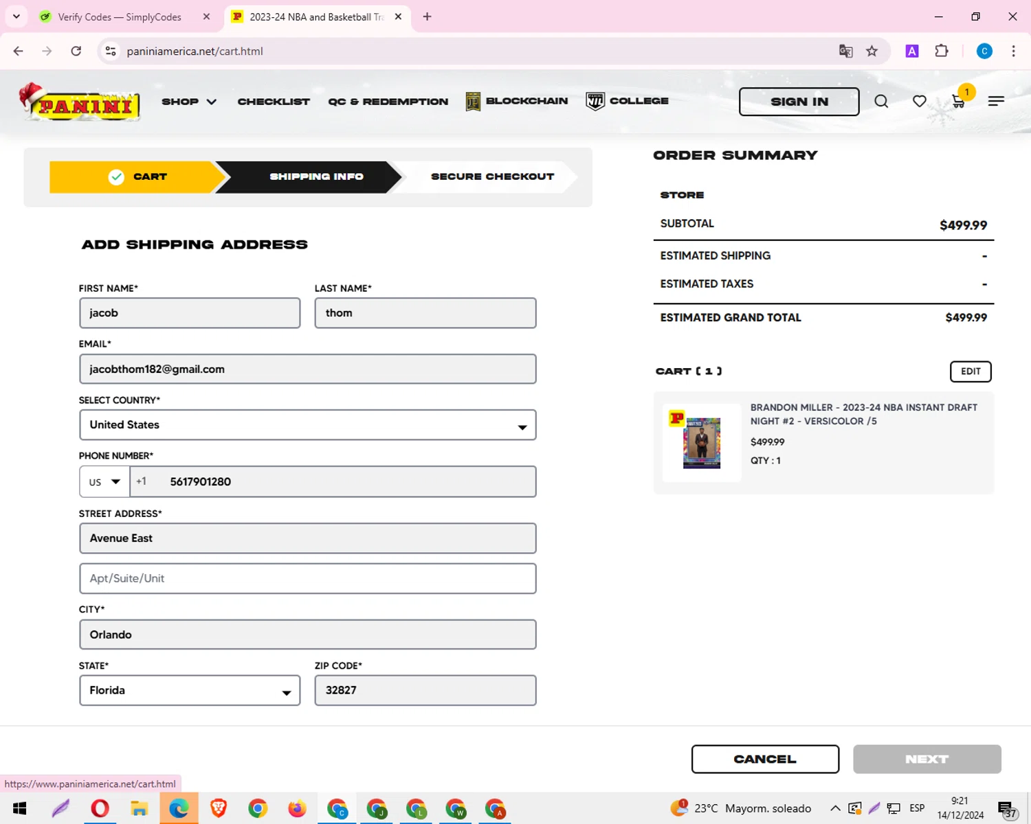 Panini America checkout page showing Panini America promo code box | Screenshot taken by SimplyCodes community member on Dec 14, 2024