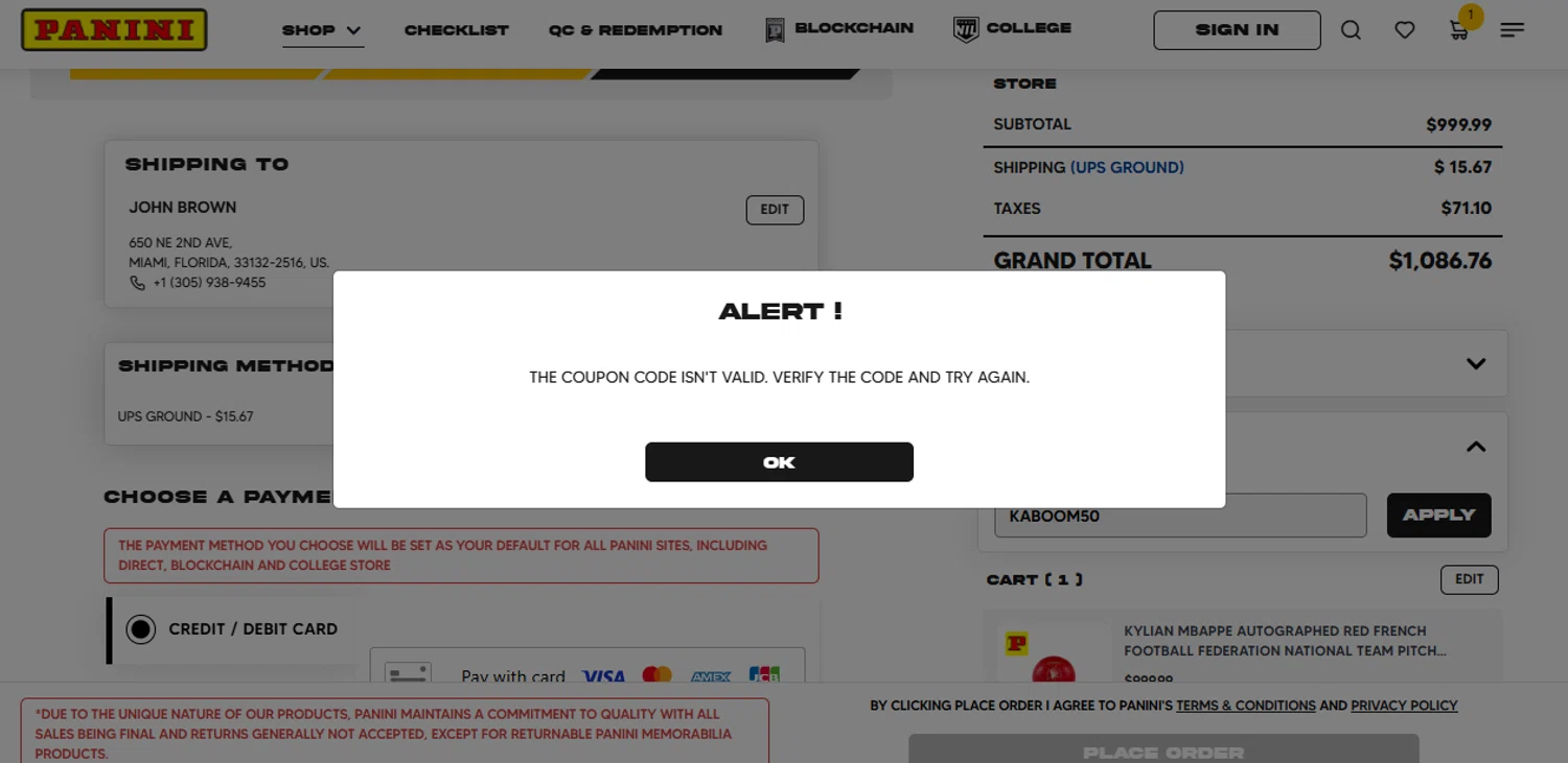 Panini America promo code screenshot showing code KABOOM50 applied at Panini America checkout page. Uploaded by SimplyCodes community member danielgonzalez5 on Jan 16, 2025