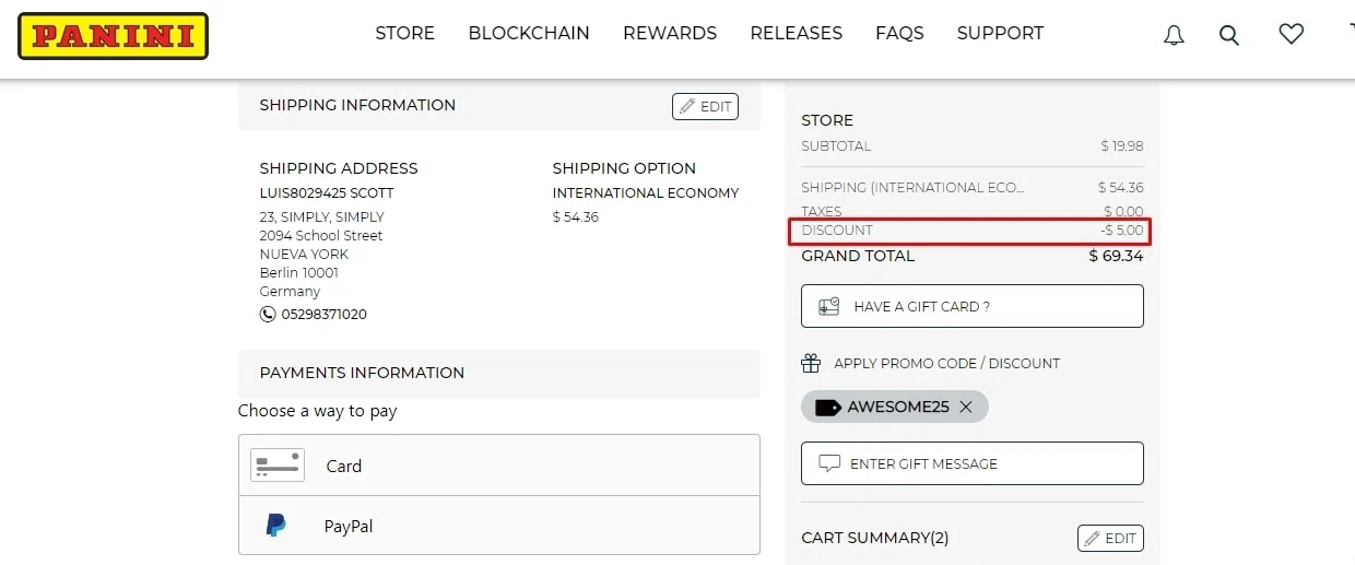 Panini America checkout page showing Panini America promo code box | Screenshot taken by SimplyCodes community member on Dec 14, 2022