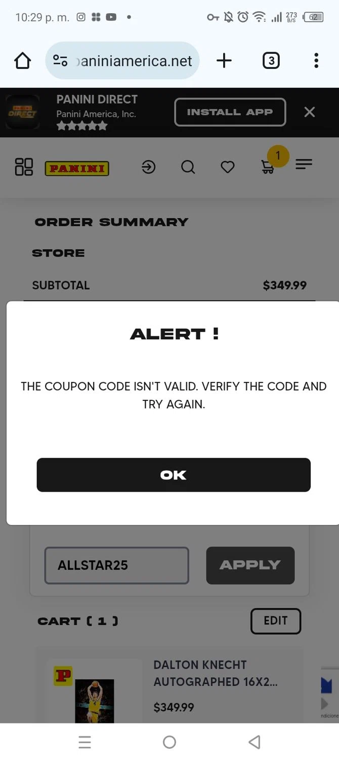 Panini America promo code screenshot showing code ALLSTAR25 applied at Panini America checkout page. Uploaded by SimplyCodes community member MonkyDLuffy on Feb 24, 2025