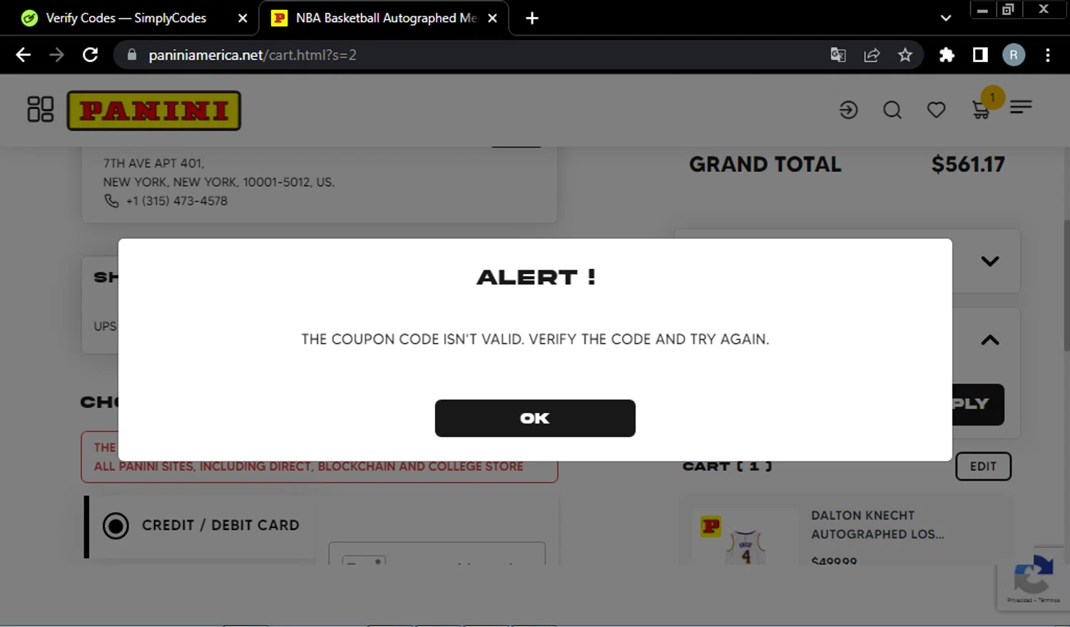 Panini America promo code screenshot showing code ALLSTAR25 applied at Panini America checkout page. Uploaded by SimplyCodes community member CouponGenius2488 on Mar 23, 2025