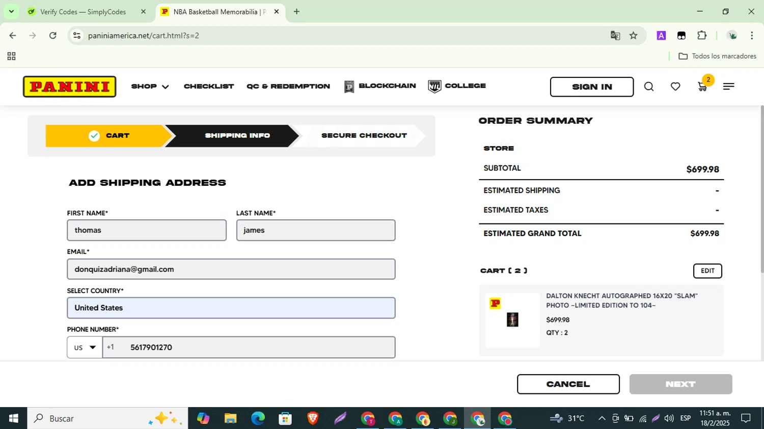 Panini America checkout page showing Panini America promo code box | Screenshot taken by SimplyCodes community member on Feb 18, 2025