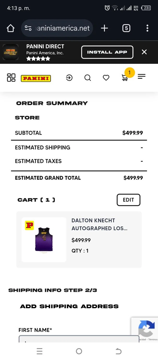 Panini America promo code screenshot showing code ALLSTAR25 applied at Panini America checkout page. Uploaded by SimplyCodes community member CashLion3448 on Mar 23, 2025