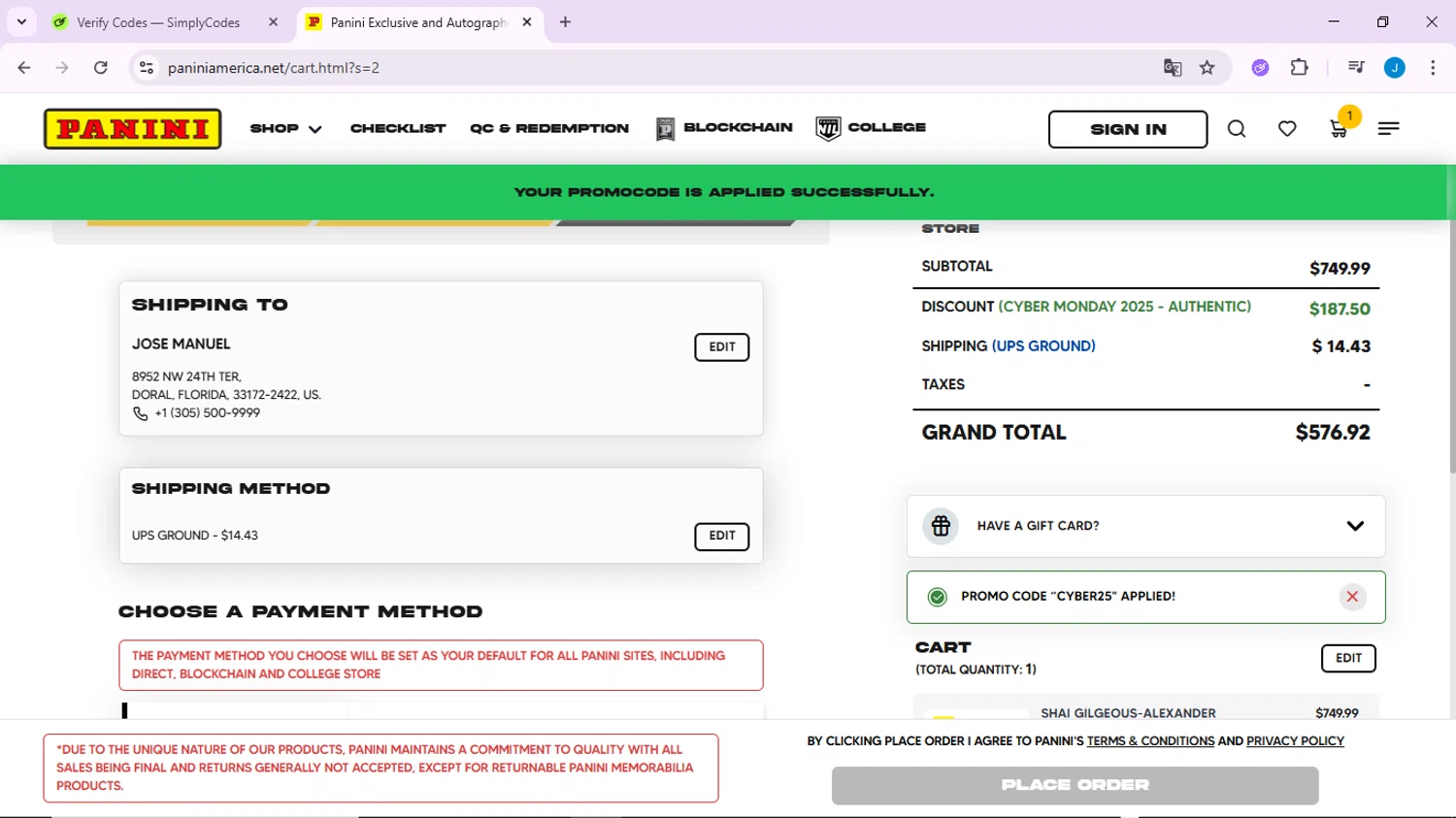 Panini America promo code screenshot showing code CYBER25 applied at Panini America checkout page. Uploaded by SimplyCodes community member CodeLynx3161 on Dec 1, 2025
