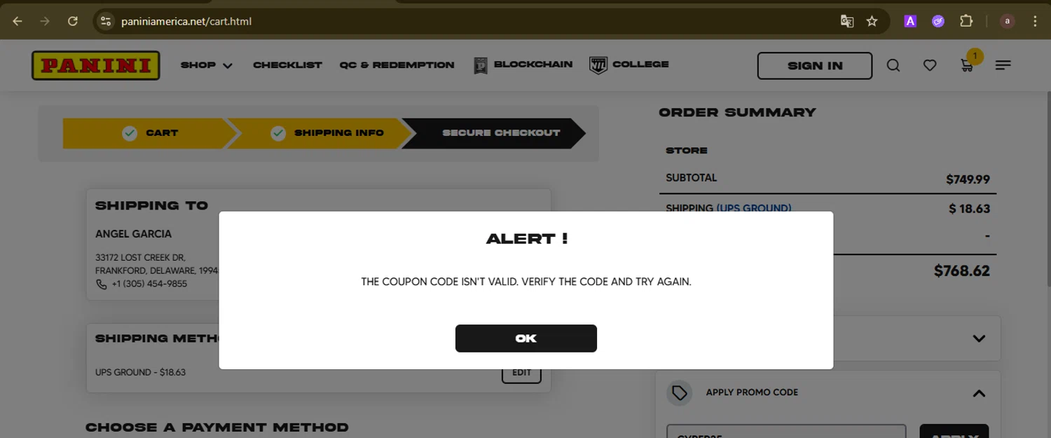 Panini America promo code screenshot showing code CYBER25 applied at Panini America checkout page. Uploaded by SimplyCodes community member GoldCurator1773 on Dec 11, 2025