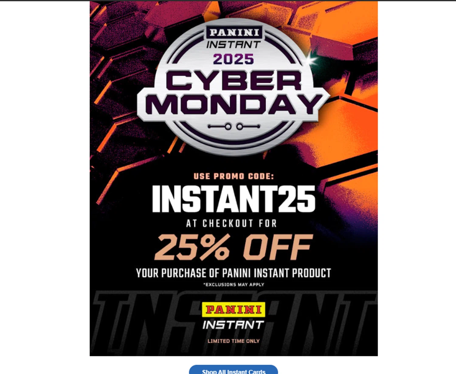 Panini America promo code screenshot showing code INSTANT25 applied at Panini America checkout page. Uploaded by SimplyCodes community member Aressss on Dec 1, 2025