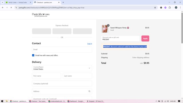 Panties.com checkout page showing Panties.com promo code box | Screenshot taken by SimplyCodes community member on Sep 4, 2025