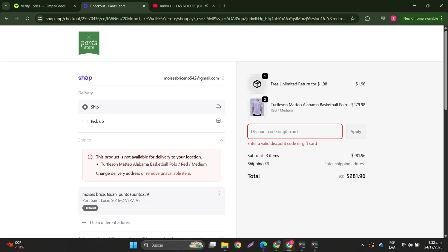 Pants Store discount code screenshot showing code 12DAYS25 applied at Pants Store checkout page. Uploaded by SimplyCodes community member MightyGuardian8404 on Dec 24, 2025